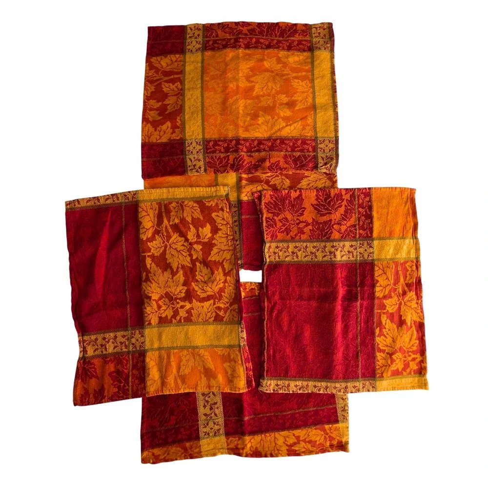 Set 5 Fall Harvest Cloth Napkins Red Orange Leaf Jacquard 18x18 retro woven